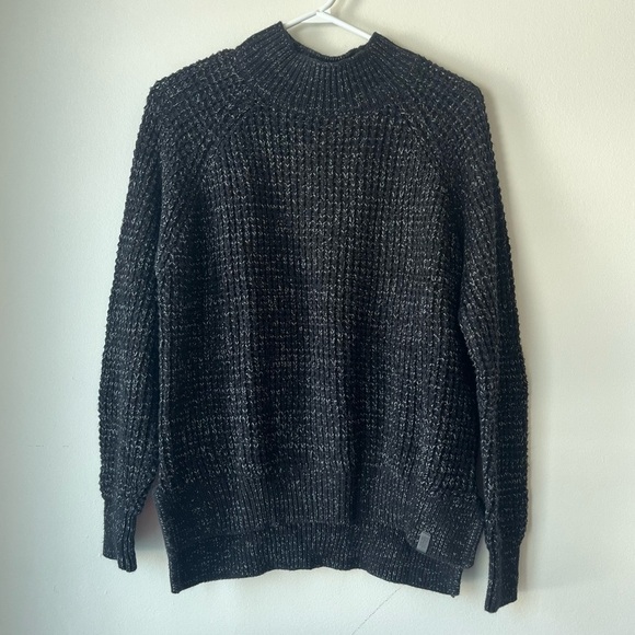 Roots Chunky Knit Mock Neck Sweater Marled Black Gray Cozy Pullover oversized XS - Picture 1 of 11